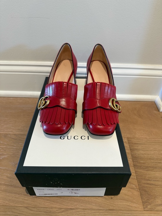 Gucci Shoes - Gucci Red Leather Fringe Heels with Gold Double-G